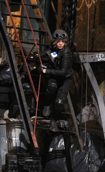 Camren Bicondova who plays Selina Kyle was pictured on her Catwoman costume on the set of the 'Gotham' Tv series in Downtown, Manhattan, New York City